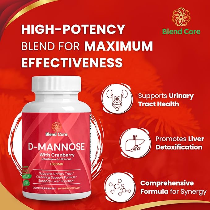 D-Mannose with Cranberry, Dandelion & Hibiscus – 1350mg – Urinary Tract & Liver Support – 60 Veggie Capsules