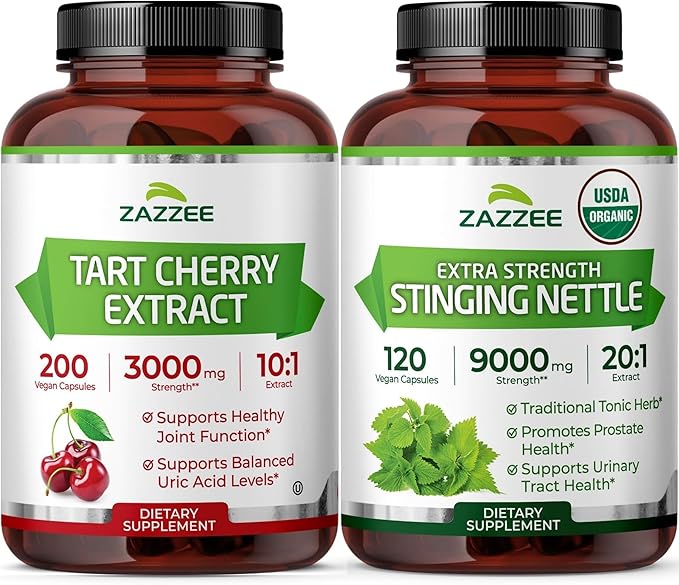 Zazzee Herbal Uric Acid Cleanse Bundle | USDA Organic 20:1 Stinging Nettle Extract Capsules Plus Super Concentrated 10:1 Tart Cherry Extract Capsules | Non-GMO Vegan & ISO Lab Tested