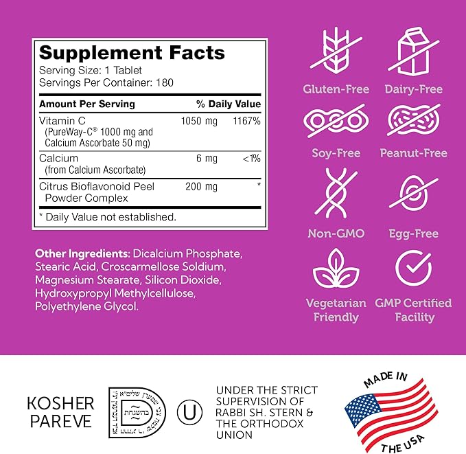 Zahler Vitamin C 1000mg Tablets with Bioflavonoids - High Potency for Immune Support - Gentle on Stomach - Gluten Free Supplement for Women & Men (180 Count)