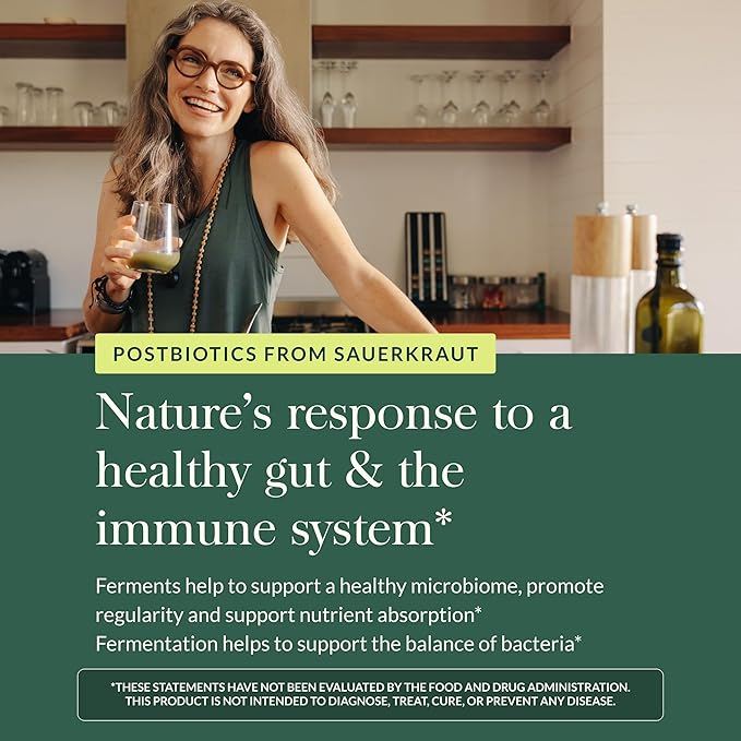 Gaia Herbs Sauerkraut Postbiotic - Gut Health & Immune Support Supplement* - Made with Fermented Sauerkraut - Free from Dairy, Soy & Gluten - 60 Vegan Liquid Phyto-Caps (30 Servings)