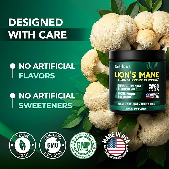 Lions Mane Supplement Capsules – 1000 mg per Serving, Complete Brain Support Complex with L Theanine, Ginkgo Leaf, Vitamin B6, B12 - Vegan, Non-GMO & Made in USA Lions Mane Mushroom - 60 Capsules