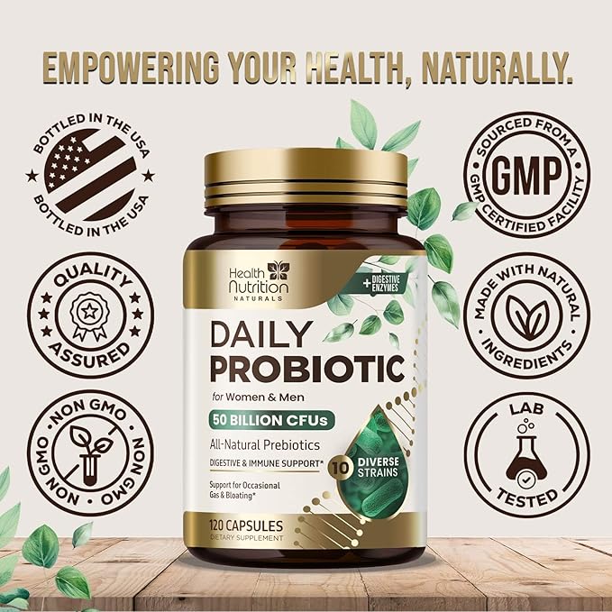 Probiotics 50 Billion CFU per Serving - 10 Strains + Prebiotics - Digestive Health, Gut & Immune Support - Occasional Constipation, Gas & Bloating Support for Women & Men, Bottled USA - 120 Capsules