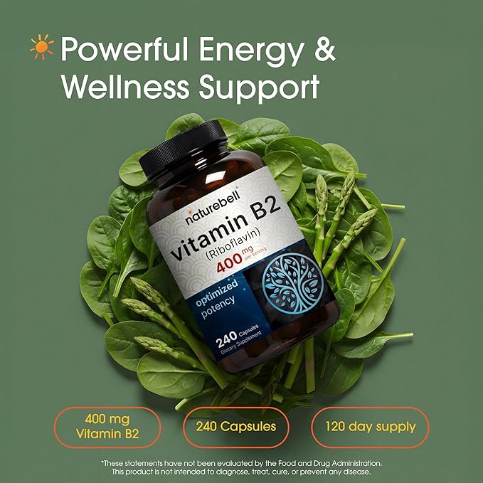 NatureBell Vitamin B2 (Riboflavin) 400mg - 240 Capsules - Supplement for Energy, Skin & Cellular Health* - Non-GMO & Gluten Free - Easily Absorbed