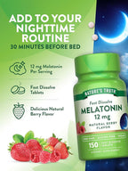 Nature's Truth Melatonin 12 mg | 150 Tablets | Quick Dissolve | Natural Berry Flavor | Vegan, Non-GMO & Gluten Free Supplement for Adults