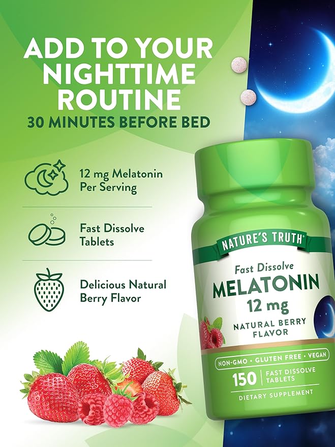 Nature's Truth Melatonin 12 mg | 150 Tablets | Quick Dissolve | Natural Berry Flavor | Vegan, Non-GMO & Gluten Free Supplement for Adults