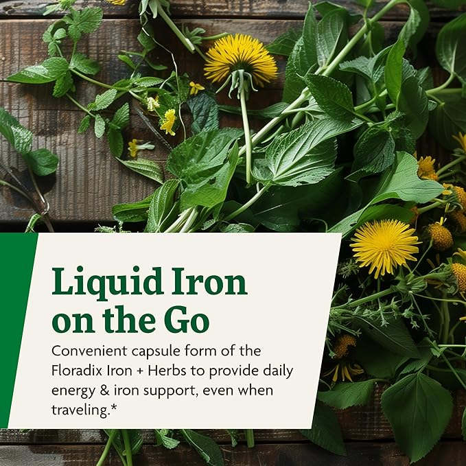 Floradix Iron + Herbs - Iron Supplement for Healthy Energy Support* - Supports Red Blood Cell Formation - Vegan, Non-GMO, Gluten-Free, Soy-Free - 60 Liquid Phyto-Caps
