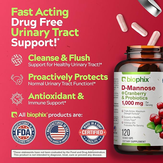 biophix D-Mannose Plus Cranberry Probiotics 1000 mg 120 Vcaps - Free Vitamin C-1000 30 Tablets - Supports Urinary Bladder Tract Health and Digestive Well Being