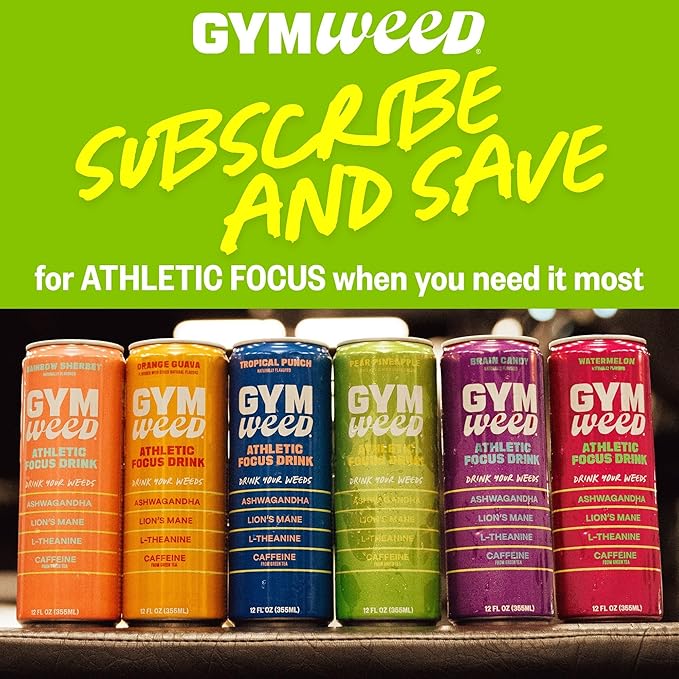 GYM WEED Athletic Focus Drink with KSM-66 Ashwagandha, Lion's Mane Mushroom, L-Theanine, 200mg Green Tea Caffeine with Natural Sweeteners Variety Pack of flavors, 12 Pack