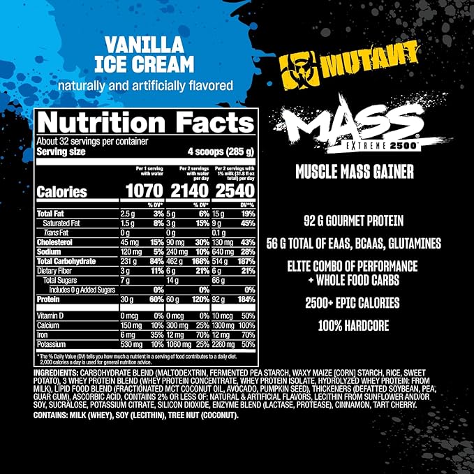Mutant Mass Extreme Gainer Protein Powder – High Calorie Weight Gainer with Whey Protein & Glutamine for Muscle Mass, Bulking & Weight Gain - Cookies & Cream 6 lbs