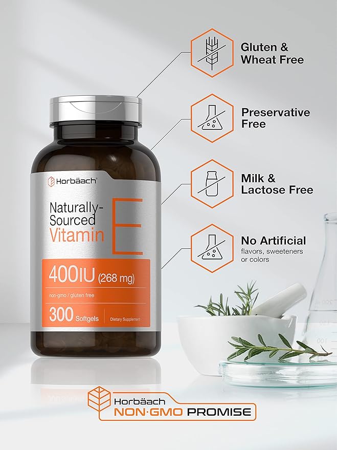 Horbäach Vitamin E Softgel Capsules | 400 iu | 268mg | 300 Count | Non-GMO and Gluten Free Naturally-Sourced Formula | D-Alpha Tocopherol