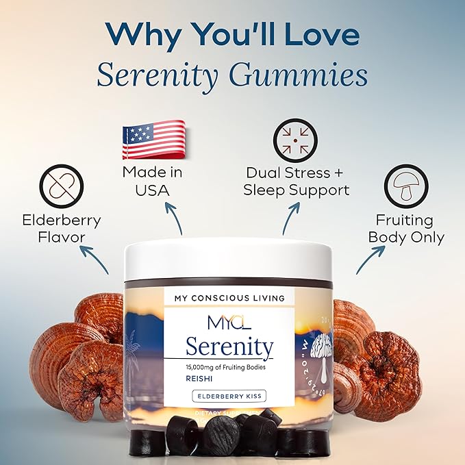 Serenity Reishi Mushroom Gummies for Adults - 500mg Whole Fruiting Body Extract - Sleep Gummies for Adults and Kids - Vegan, Gluten-Free - Stress Relief, Relaxation - Elderberry Kiss, 60 Count