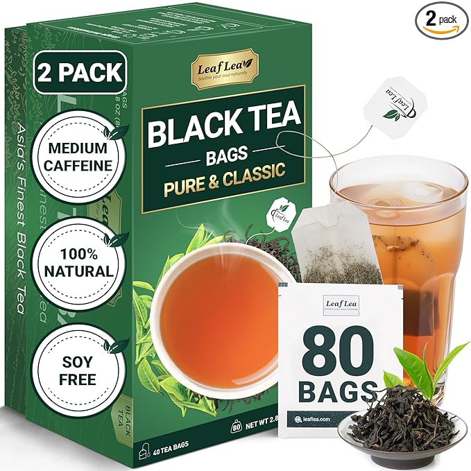 LeafLea 80 Black Tea Bags, Premium Black Tea Leaves, Rich Bright and Firmly Astringent, Promotes Digestive Comfort & Steady Alertness, Caffeinated, Sugar-Free, Vegan, Enjoy Hot or Iced