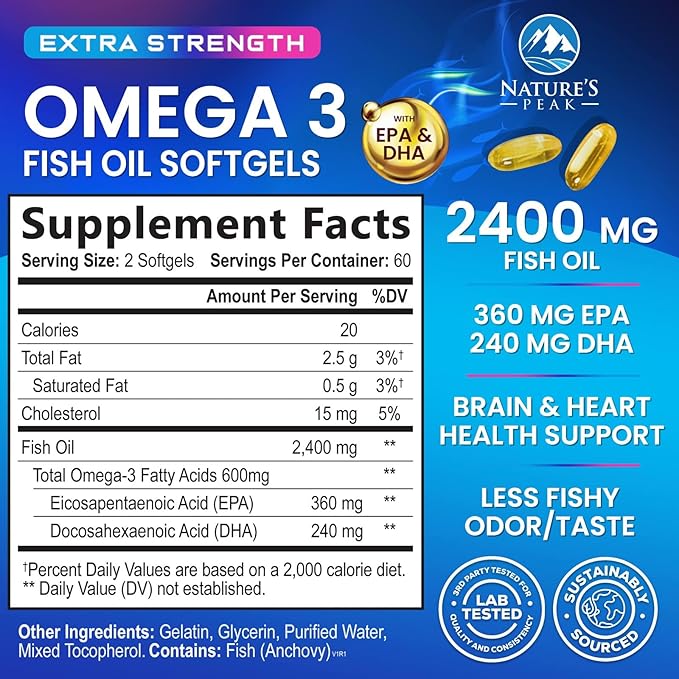 Omega 3 Fish Oil Supplements - 2400mg Fish Oil Per Serving - Triple Strength Omega-3 with Fatty Acids EPA & DHA - Natural Heart, Brain & Immune Support - Wild Caught, Bottled in USA - 120 Softgels
