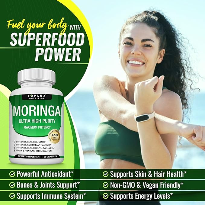 Toplux Moringa Capsules 1200mg – Pure Moringa Powder High Potency Leaf Extract Green Superfood Rich in Antioxidant, for Energy & Immune Support, Vegan Non-GMO 90 Capsules