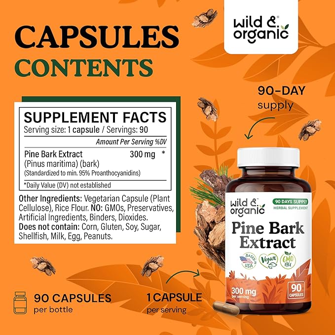 Wild & Organic Pine Bark Extract Capsules 300 mg - Antioxidant Support - 95% Proanthocyanidins - 90 Capsules - French Maritime Pine Bark Extract - 90 Days of Supply - Pinus Maritima - Vegan, Non-GMO