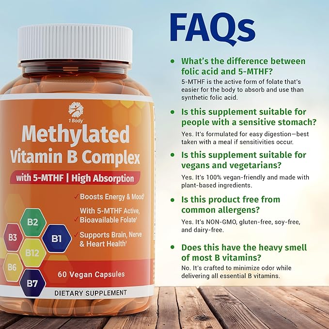 1 Body Vitamin B Complex Twin Pack with 5-MTHF Folate, B1, B2, B5, B6, Methyl B12, Niacin, Biotin 60 Capsules Each