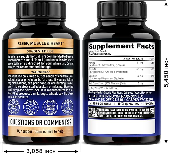 Magnesium Glycinate 500 mg - Chelated Supplement - High Absorption Form of Magnesium - Support for Sleep, Muscle & Heart Health - Made in USA, Lab Tested & Non-GMO - 240 Capsules