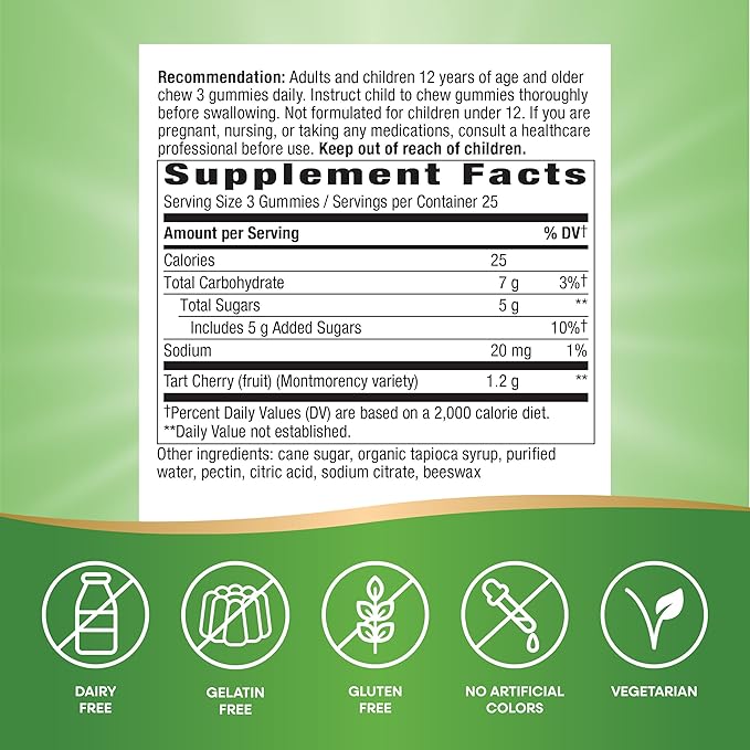 Nature's Way Tart Cherry Ultra Gummies, Antioxidant Support from Anthocyanins*, 1,200 mg per 3-Gummy Serving, Cherry Flavored, Gluten Free, Vegetarian, 75 Count (Packaging May Vary)