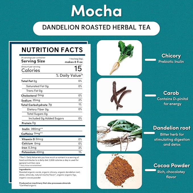 Teeccino Dandelion Herbal Tea - Mocha - 25 Tea Bags - Caffeine Free, Prebiotic, Gluten Free, 3x More Herbs