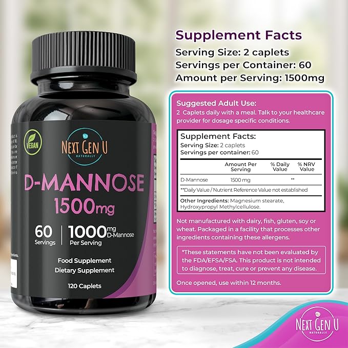 D Mannose - 1500 mg - Health Food & Dietary Supplement - 120 Vegan Caplets - May Help Support a Healthy Urinary Tract & Bladder - by NextGenU