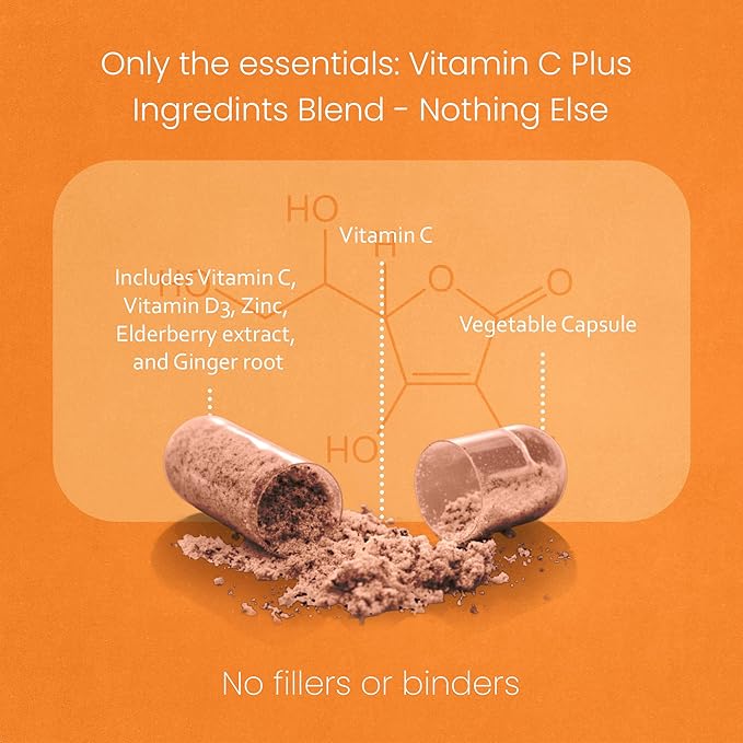 NaturaLife Labs Vitamin C with Vitamin D3, Zinc, Elderberry & Ginger Root – 1,700 mg per Serving – 100 Capsules, Vegan, Non-GMO, Gluten Free