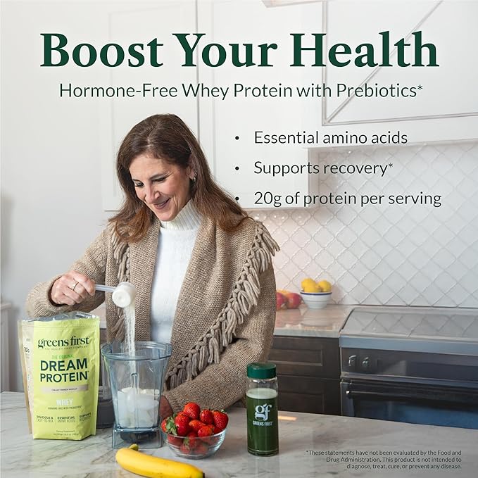 Greens First Dream Protein Powder Whey - 20g Protein per Serving - Hormone-Free with Prebiotics - Non-GMO - No Artificial Sweeteners/MSG/Aspartame - Strawberry Cream - 27.96 oz
