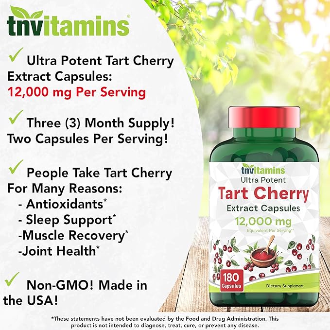 tnvitamins Tart Cherry Capsules 12,000 mg Per Serving - 180 Count | Ultra-Potent Tart Cherry Extract Capsules | Joint, Sleep, & Recovery Support* | High in Antioxidants | Non-GMO | Made in the USA!