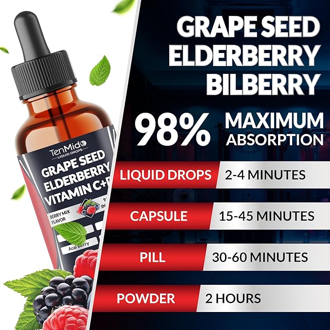 9in1 Grape Seed Extract Liquid Drops with Elderberry, Bilberry, Acai Berry, Lutein, Zeaxanthin, and More - Antioxidant & Immune System Support - 30ml 1 Fl Oz