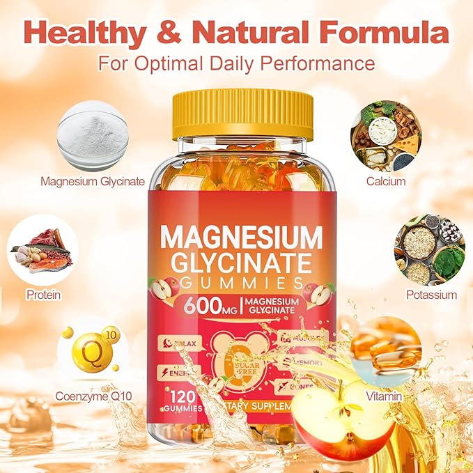 Magnesium Glycinate Gummies 600mg High Absorption, Magnesium Glycinate for Women and Men with Vitamin D, B6, and CoQ10 for Adults & Kids, Magnesium Supplement for Calm Support & Sleep, 120 Count