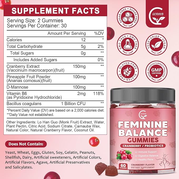 （2 Pack） Premium Feminine Balance Gummies for Women, Support pH Balance & Vaginal Probiotics Health Gummies with Cranberry Pineapple Powder, D-Mannose, Sugar Free, Gluten Free, Vegan