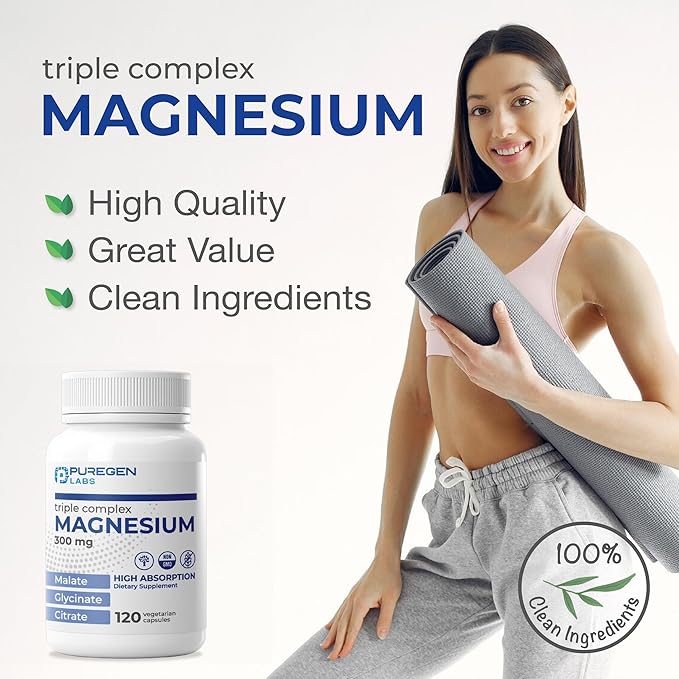 Puregen Labs Triple Magnesium Complex 300mg of Magnesium Glycinate, Malate, & Citrate [High Absorption] 120 Veg Capsules | No Harmful Additives | Non-GMO, NO Gluten and Dairy