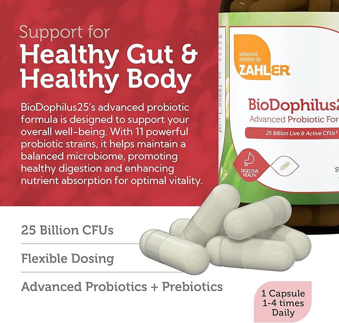 Zahler BioDophilus25, 25 Billion CFU Probiotic + Prebiotic - 11 Strains Daily Probiotic Supplement - Kosher Probiotics for Women for Digestive Health, Probiotics for Men for Gut Health (120 Capsules)