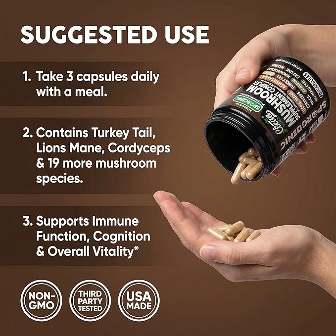 Organic Mushroom Supplement | Ashwagandha Lions Mane Cordyceps Turkey Tail Reishi Mushrooms Maca Root Black Hoof Chaga Tremella Agarikon Shiitake Oyster Powder Capsules Sporgenic By Clean Nutra (1)