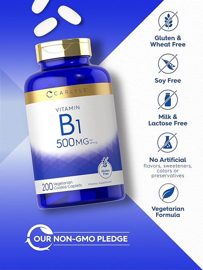 Carlyle Vitamin B1 500mg (Thiamine) | 200 Vegetarian Caplets | Non-GMO and Gluten Free Supplement