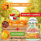 Fresh Healthcare Whole Food Vitamin C 500mg - Natural Supplement from Rose Hips, Acerola Cherry & Camu Camu - with Citrus Bioflavonoids for Immune Support - 120 Vegan Capsules