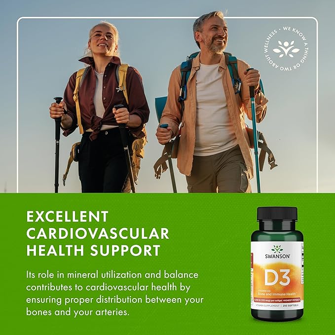 Swanson Vitamin D3 5,000 IU Bone, Immune, and Heart Health Supplement for Sun-Deprived Adults Seeking Bone, Immune, and Heart Support - 125 mcg Cholecalciferol (250 Softgels)
