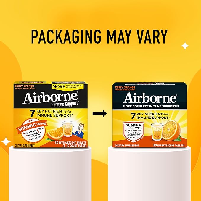 Airborne Variety Pack 1000mg Vitamin C with Vitamin D & Zinc, Sugar Free Multivitamin Immune Support Supplement, Antioxidants Vitamins A C & Vitamin E, 30 Effervescent Tablets, Citrus + Verry Berry