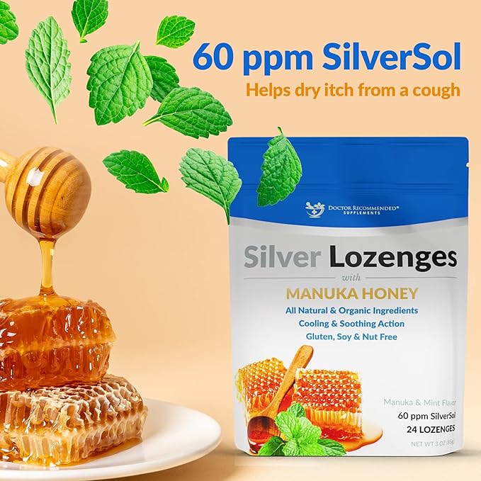 Silver Lozenges with Organic Manuka Honey and Vitamin C - All-Natural Nano Silver 45-50mcg of 60 PPM Colloidal Mineral Drops to Support Immune System, 72-Lozenges