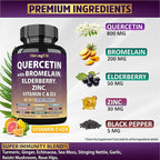 Quercetin with Bromelain, Elderberry, Vitamin C, D3 and Zinc. Super Immune Support Supplement. Organic Complex for Men & Women, Non-GMO, Gluten-Free, Vegan, USA