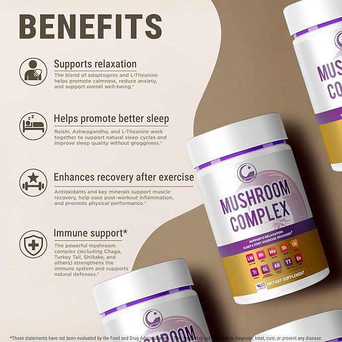 LEGRANO Premium Evening Mushroom Supplement Capsules with Lion’s Mane, Reishi Mushroom, Turkey Tail, Chaga, Ashwagandha, L-Theanine, Vitamins & Minerals – Adaptogenic Mushrooms for Relaxation & Sleep