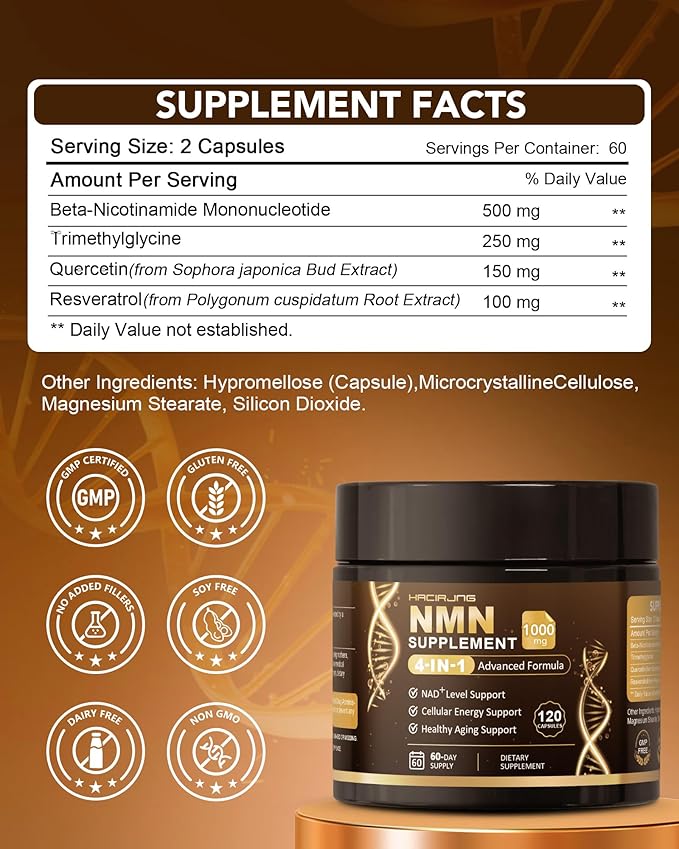 NMN Supplement, 4-in-1 Liposomal NMN 1000mg with Resveratrol, TMG & Quercetin, Supports Cellular Energy & NAD+ Level, NMNH Alternative ＆ NAD+ Supplement Precursor for Men & Women