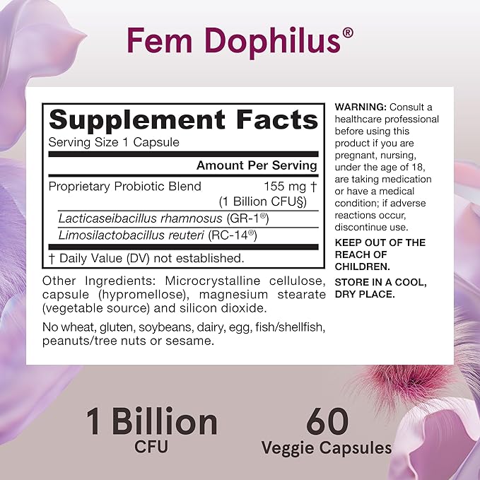 Jarrow Formulas Fem-Dophilus Vaginal Probiotics 1 Billion CFU With 2 Science-Backed Strains, Dietary Supplement For Vaginal & Urinary Tract Support, 60 Capsules, 60 Day Supply, Shelf-Stable Probiotics