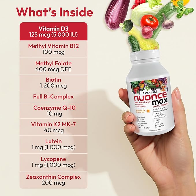 ANDREW LESSMAN Essential-1 nuonce max Multivitamin 5000 IU Vitamin D3 60 Small Capsules. 100 mcg Methyl B12. CoQ10 Lutein Lycopene Zeaxanthin. High Potency. No Additives. Ultra-Mild One Daily Capsule