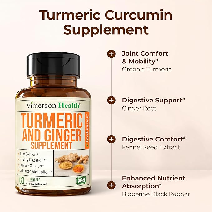 Turmeric Curcumin Supplement with Ginger Root for Joint Support, Digestive & Gut Health - Contains Organic Turmeric Curcumin with Black Pepper (Bioperine) for Enhanced Absorption - 60 Tablets