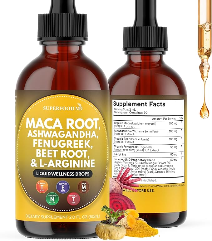 Superfood MD Maca Root Liquid Drops with Ashwagandha, Nettle, Fenugreek, Beet Root and L-Arginine Liquid Multivitamin for Women and Men - 2oz