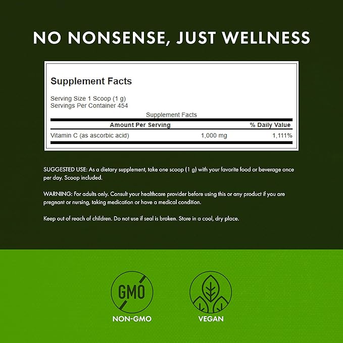 Swanson Vitamin C Powder 100% Pure Ascorbic Acid, Immune System Support, Skin Health, Cardiovascular Health, Antioxidant Supplement 1000 mg (per Serving) 1 lb. 454 g