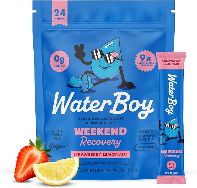 Waterboy Weekend Recovery | 3,200mg Electrolyte Powder Packets | Ginger + L-Theanine + Vitamins | No Sugar, All Natural, Gluten Free | 24 Drink Stick Mixes (Strawberry Lemonade)