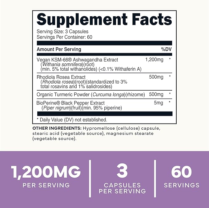 Type Zero KSM-66 Ashwagandha Root Extract 1,200mg, 60 Servings - High Potency 5% Withanolides - with Turmeric, Rhodiola Rosea and BioPerine Black Pepper Extract - 180 Veggie Caps