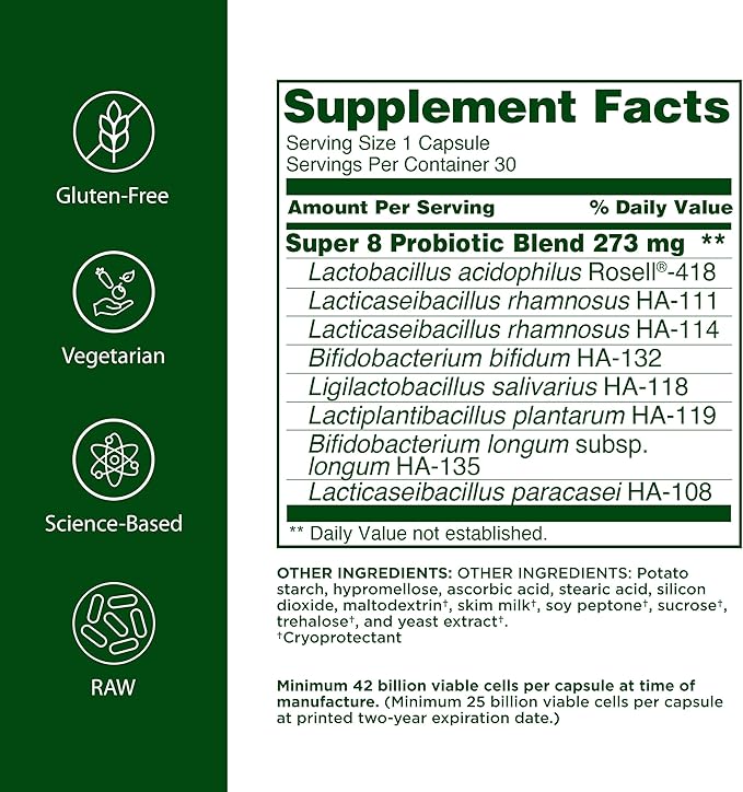 Flora Super 8 Hi Potency Probiotics 30 Count - Healthy Yeast Balance & Digestive Health - for Men & Women - 42 Billion CFU, Raw, Gluten Free - Up to 1 Month Supply