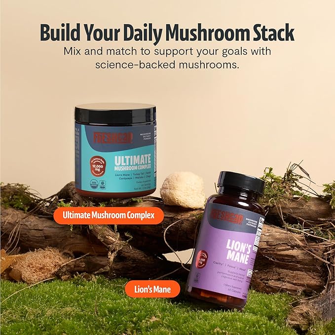 FreshCap Organic Mushroom Capsules Supplement - Fruiting Body Extract (Lion's Mane, 60 Capsules)